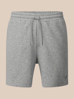 A pair of heather gray sweat shorts with an elastic drawstring waistband, shown against a solid beige background.