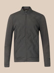A dark gray full-zip jacket with a stand-up collar, shown on a solid beige background.