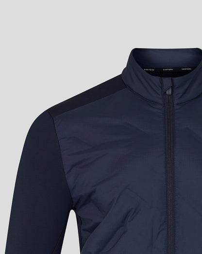 Navy blue jacket with a zipper on a light gray background