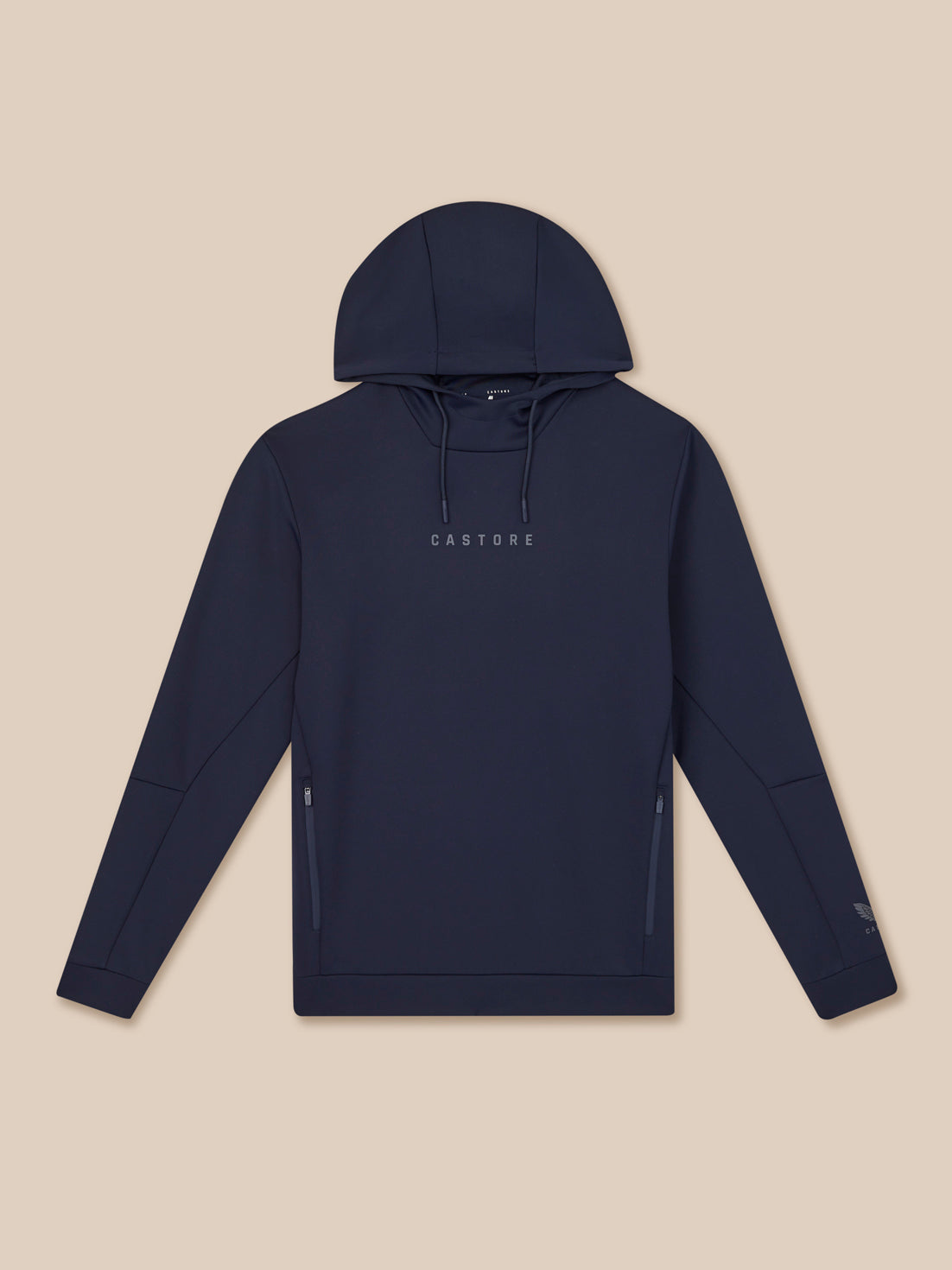 Navy blue hoodie with brand logo on a beige background
