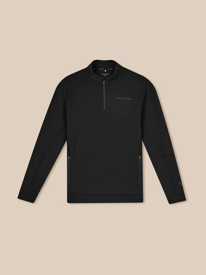 Black quarter-zip sweatshirt on a beige background