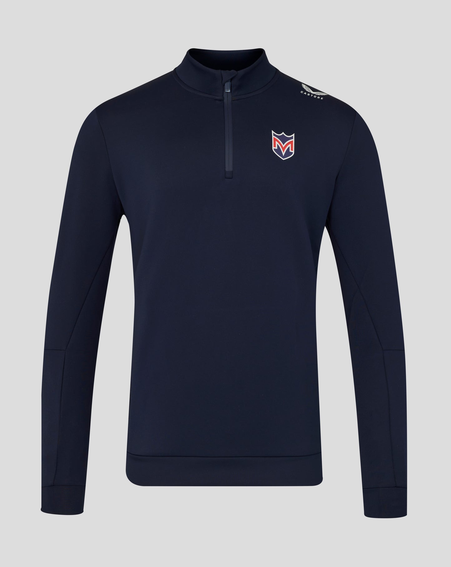Navy long-sleeve shirt with a logo on a light gray background