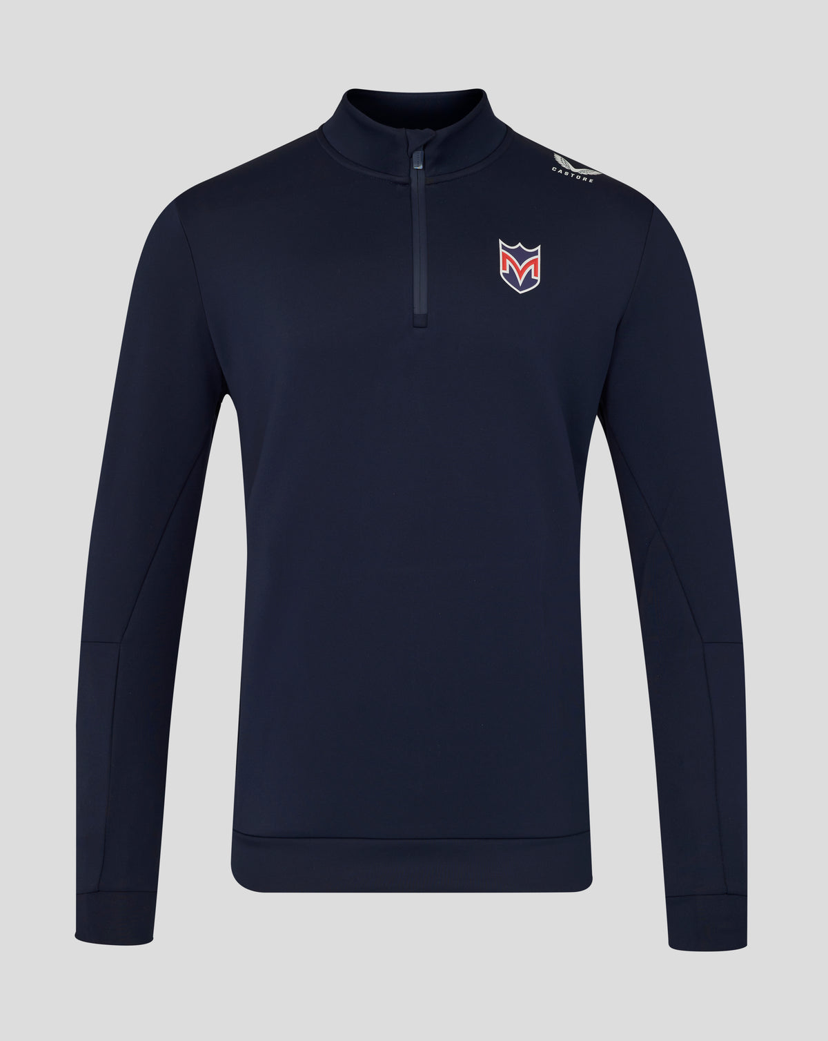 Navy long-sleeve shirt with a logo on a light gray background
