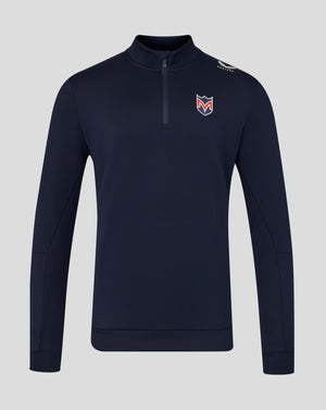 Navy long-sleeve shirt with a logo on a light gray background