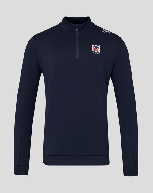 Navy long-sleeve shirt with a logo on a light gray background
