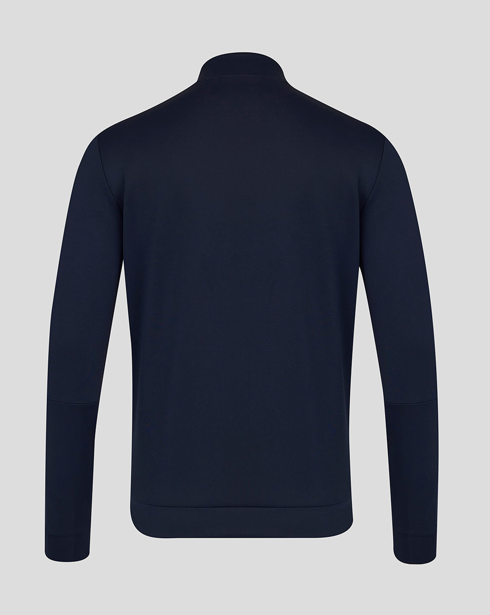 Navy blue half-zip jacket on a light gray background