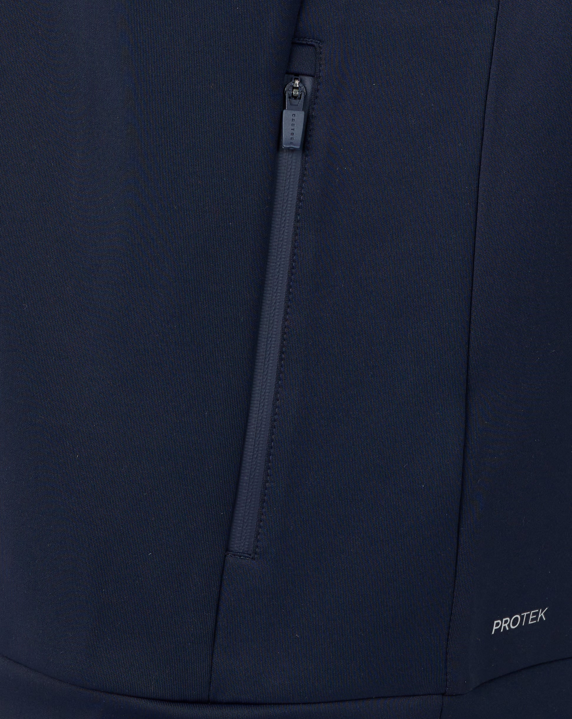 Navy blue jacket with a zipper and 'PROTEK' branding on a matching background
