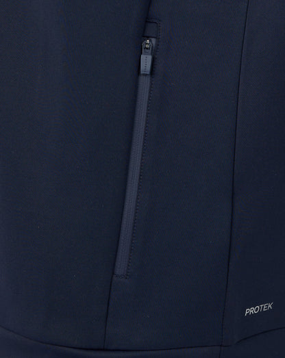 Navy blue jacket with a zipper and 'PROTEK' branding on a matching background