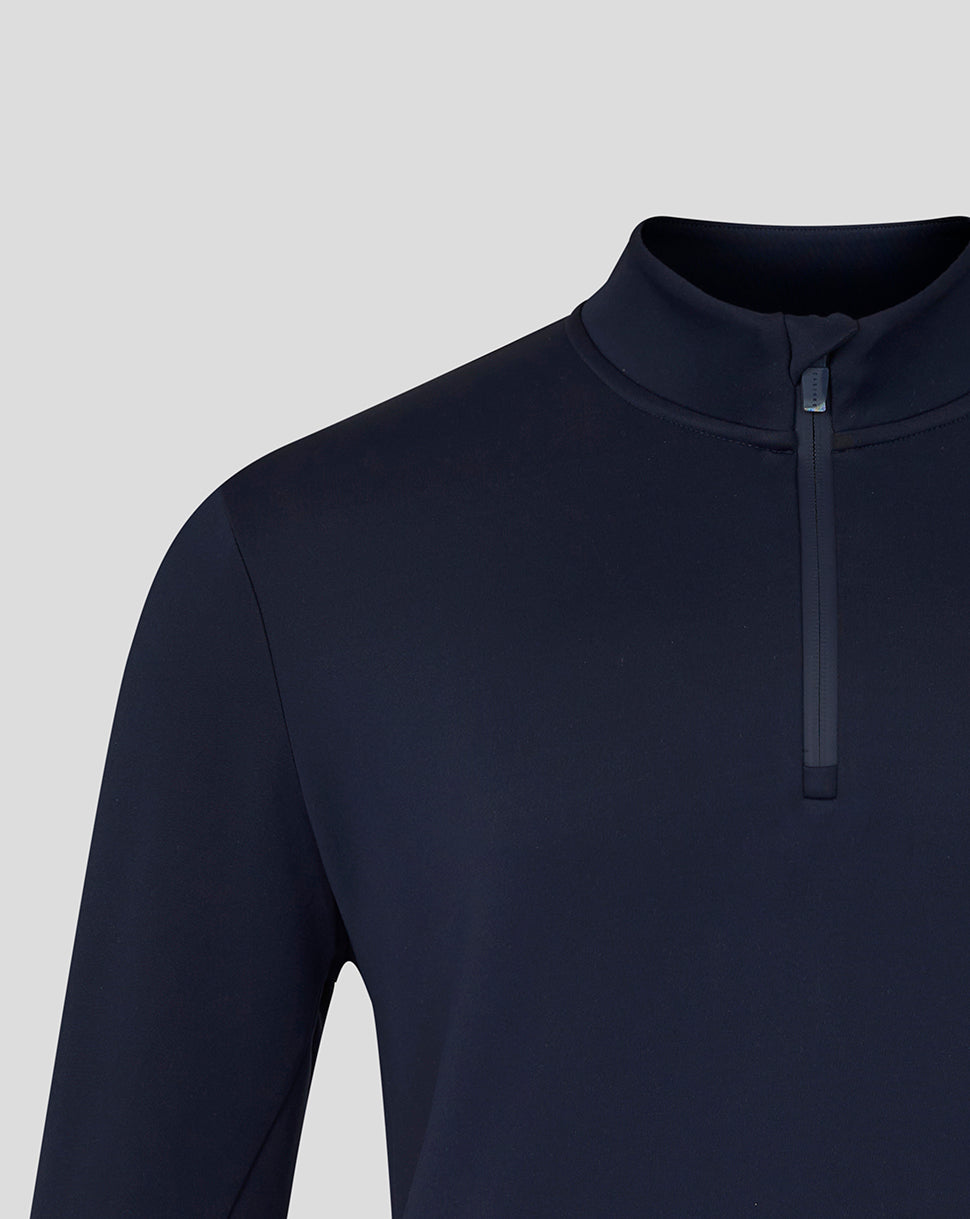 Navy blue long-sleeve shirt with a quarter zip on a light gray background