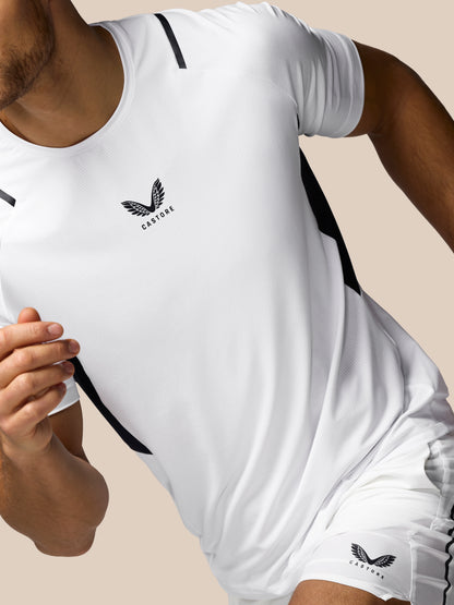 White athletic shirt with a logo on a beige background