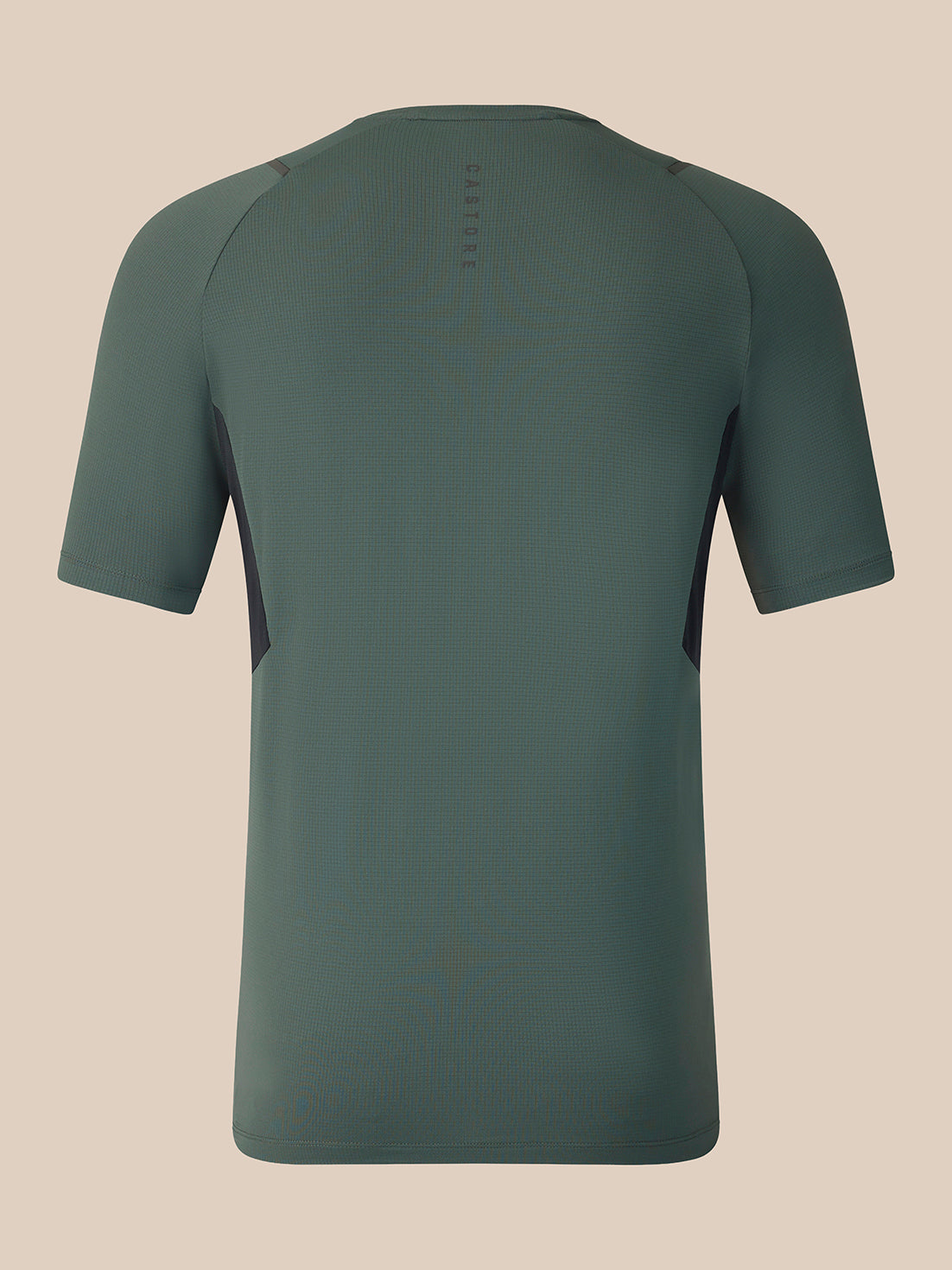 A short-sleeve athletic t-shirt shown from the back, featuring a crew neck and raglan sleeves in a solid dark sage green color, set against a solid beige background.