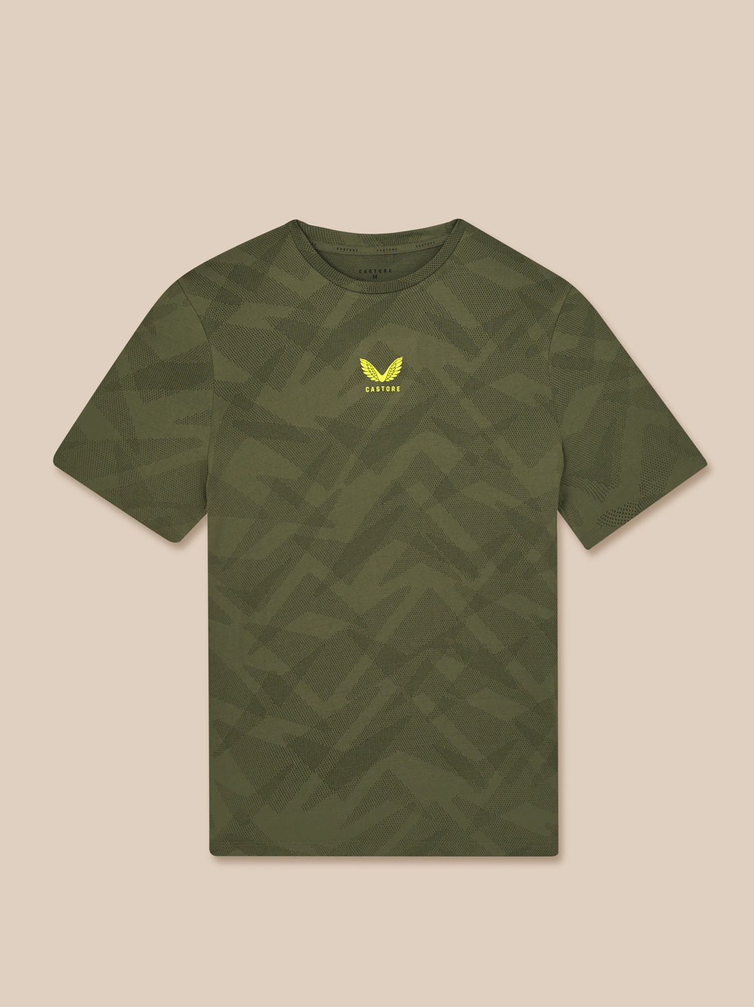 Green t-shirt with a logo on a beige background