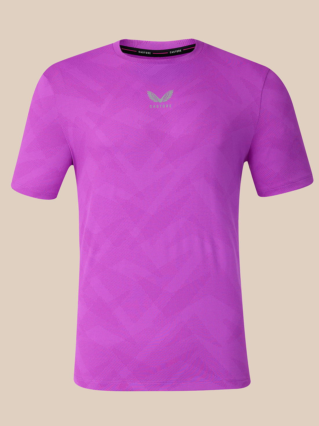 A purple short-sleeve athletic t-shirt with a subtle geometric pattern and a light gray Butterfly logo on the chest, displayed against a solid beige background.