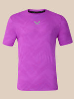 A purple short-sleeve athletic t-shirt with a subtle geometric pattern and a light gray Butterfly logo on the chest, displayed against a solid beige background.