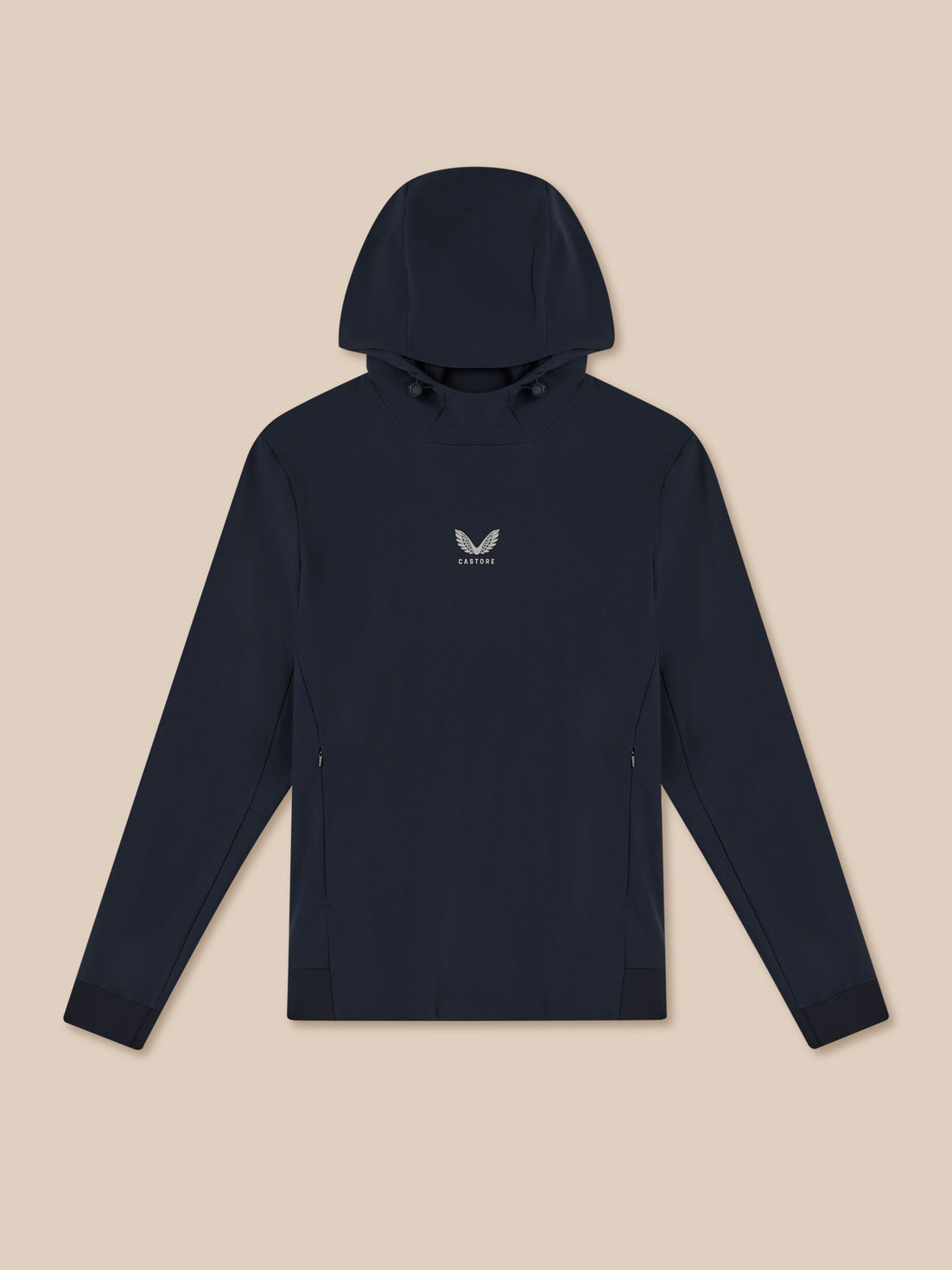 Navy blue hoodie with a logo on a beige background