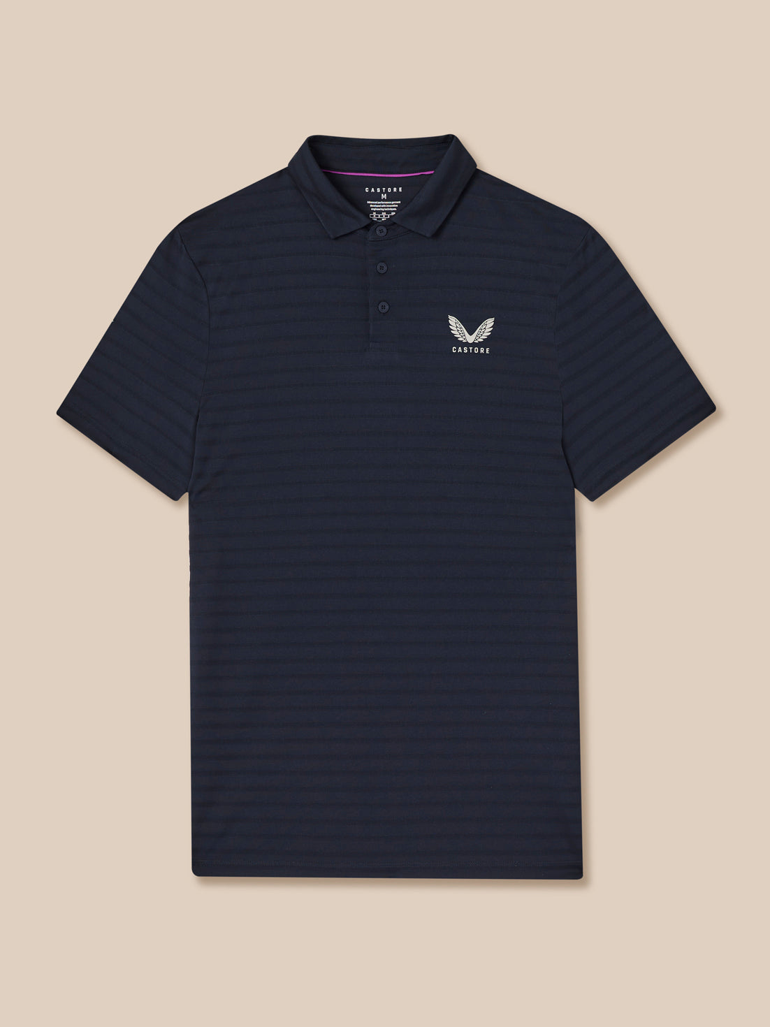 Navy striped polo shirt with a logo on a beige background