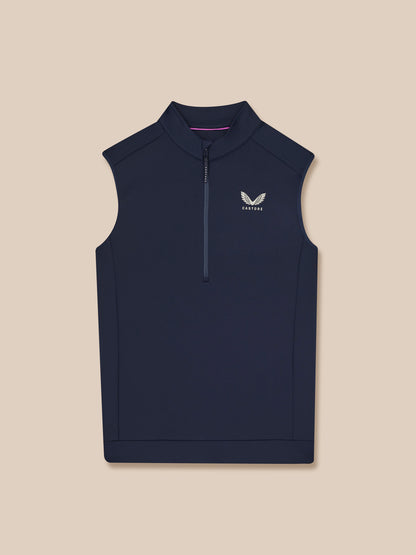 Navy sleeveless golf shirt with a brand logo on a beige background