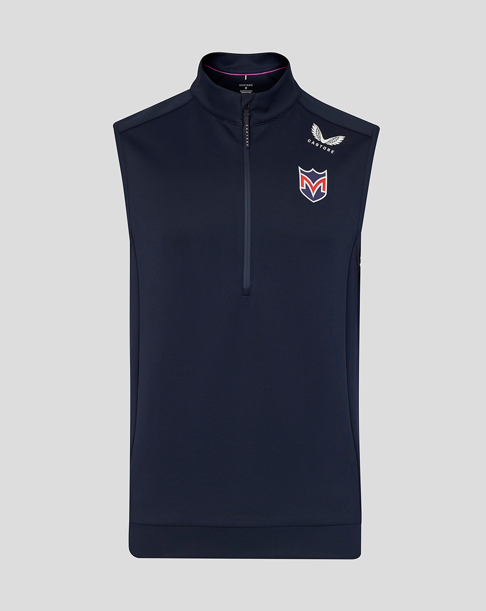 Navy sleeveless jacket with the Majesticks logo on a light gray background