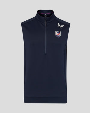 Navy sleeveless jacket with the Majesticks logo on a light gray background