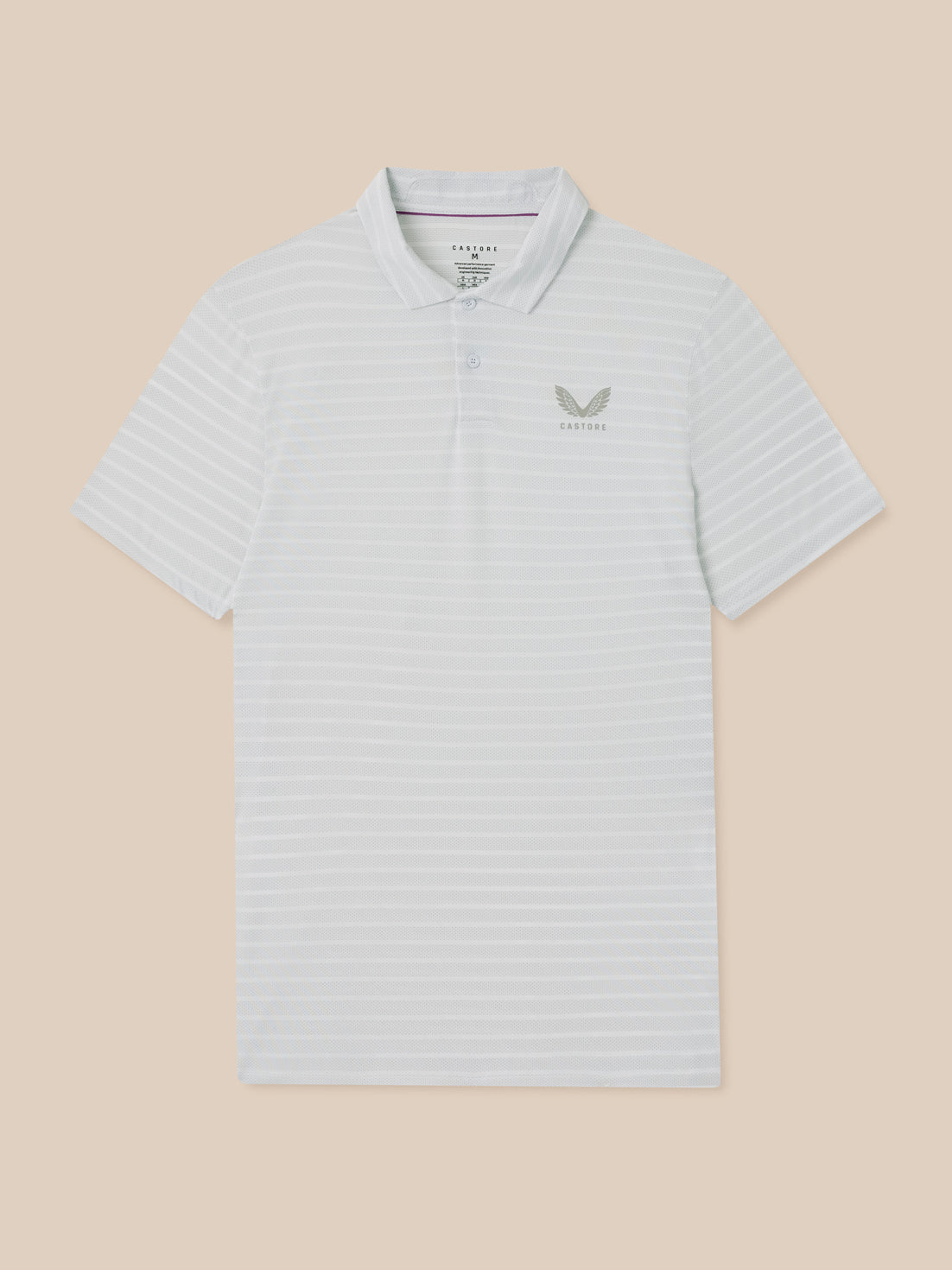 Light blue striped polo shirt with a logo on a beige background