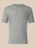 A heather gray short-sleeve crewneck t-shirt with a small tonal embroidered eagle logo and the word 'CASTORE' on the center chest, displayed against a solid light beige background.