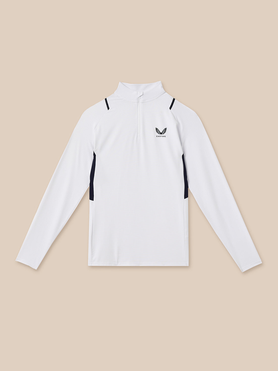 White long-sleeve shirt with black accents on a beige background