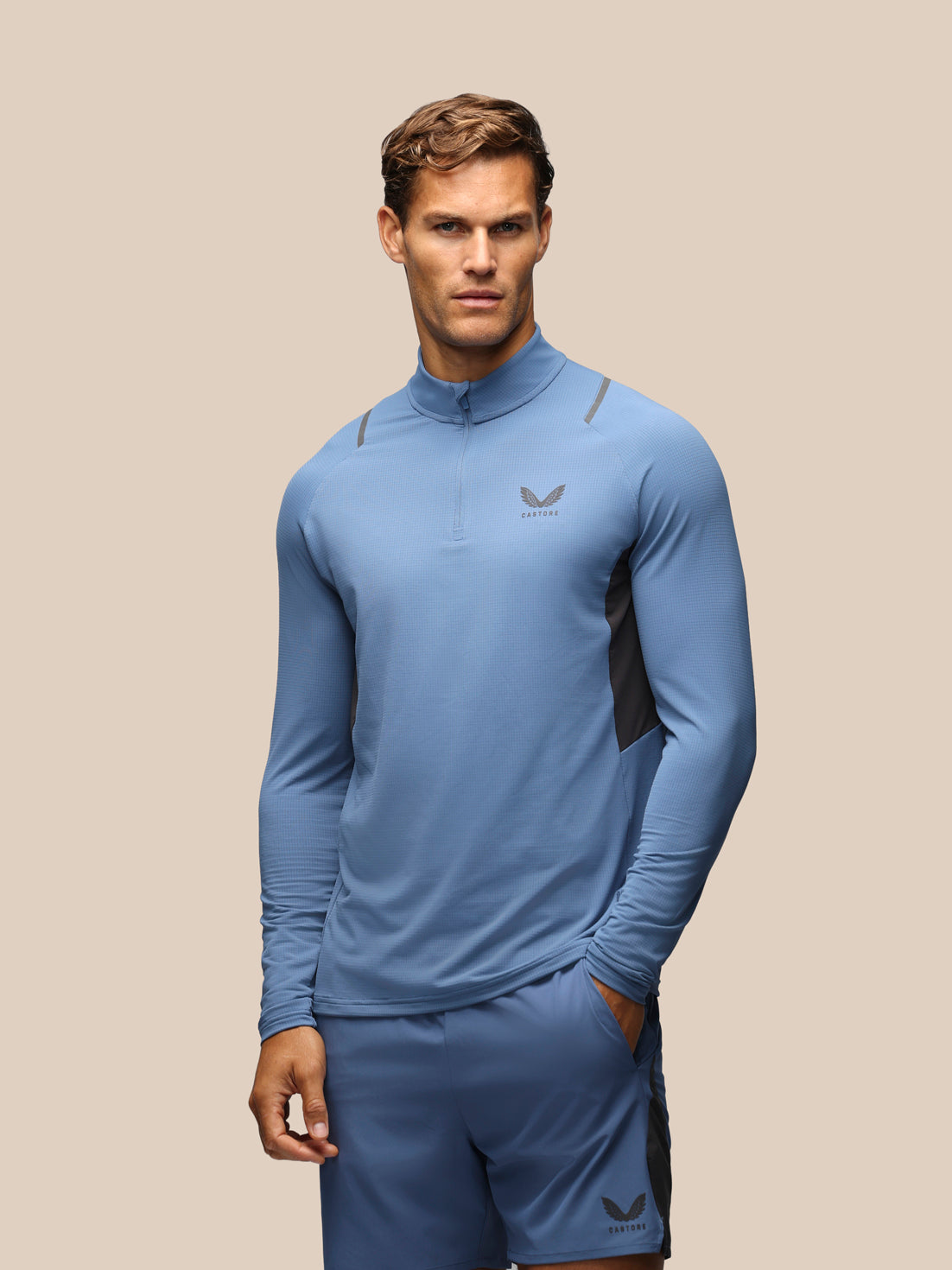 Herren Apex Slim Fit Langarm-1/4-Zip – Blau/Dunkelgrau - Moonlight Blue