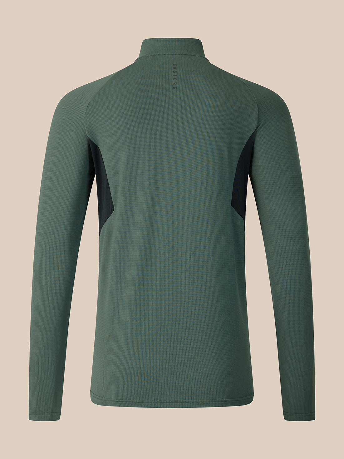 A long-sleeve athletic quarter-zip pullover shown from the back, in a muted sage green color with dark charcoal side panel accents, displayed on a neutral beige background.
