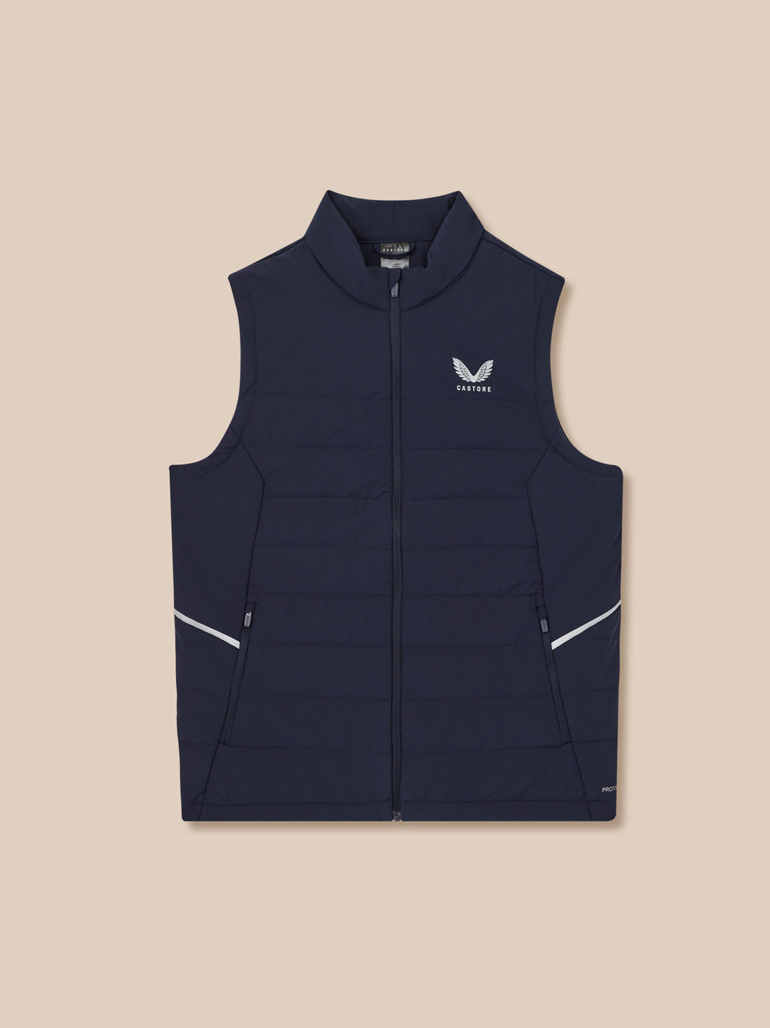 Navy puffer vest with a brand logo on a beige background