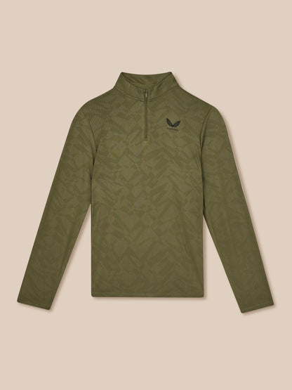 Green long-sleeve shirt with a quarter zip on a beige background