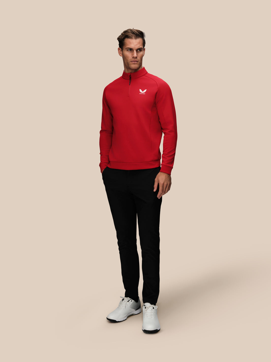 Herren-Golf-Flex-Langarm-Shirt mit Viertelreissverschluss – Rot - Rot