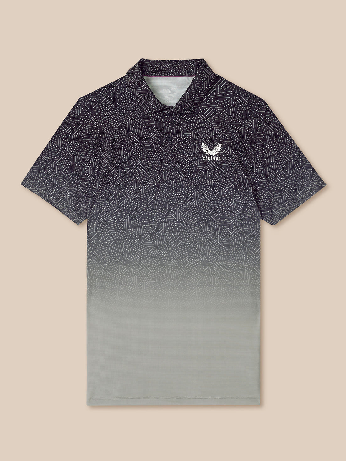 Gradient polo shirt with a logo on a beige background