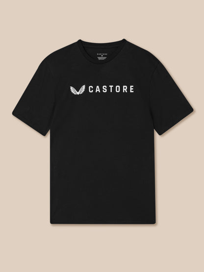 Black t-shirt with 'CASTORE' logo on a beige background