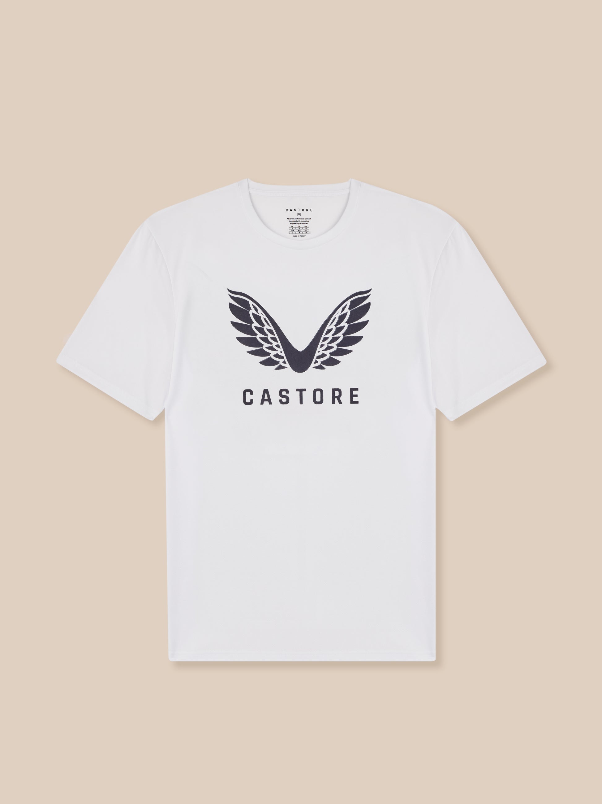 White t-shirt with black logo and text on a beige background