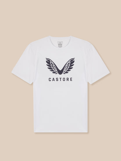 White t-shirt with black logo and text on a beige background