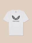 White t-shirt with black logo and text on a beige background