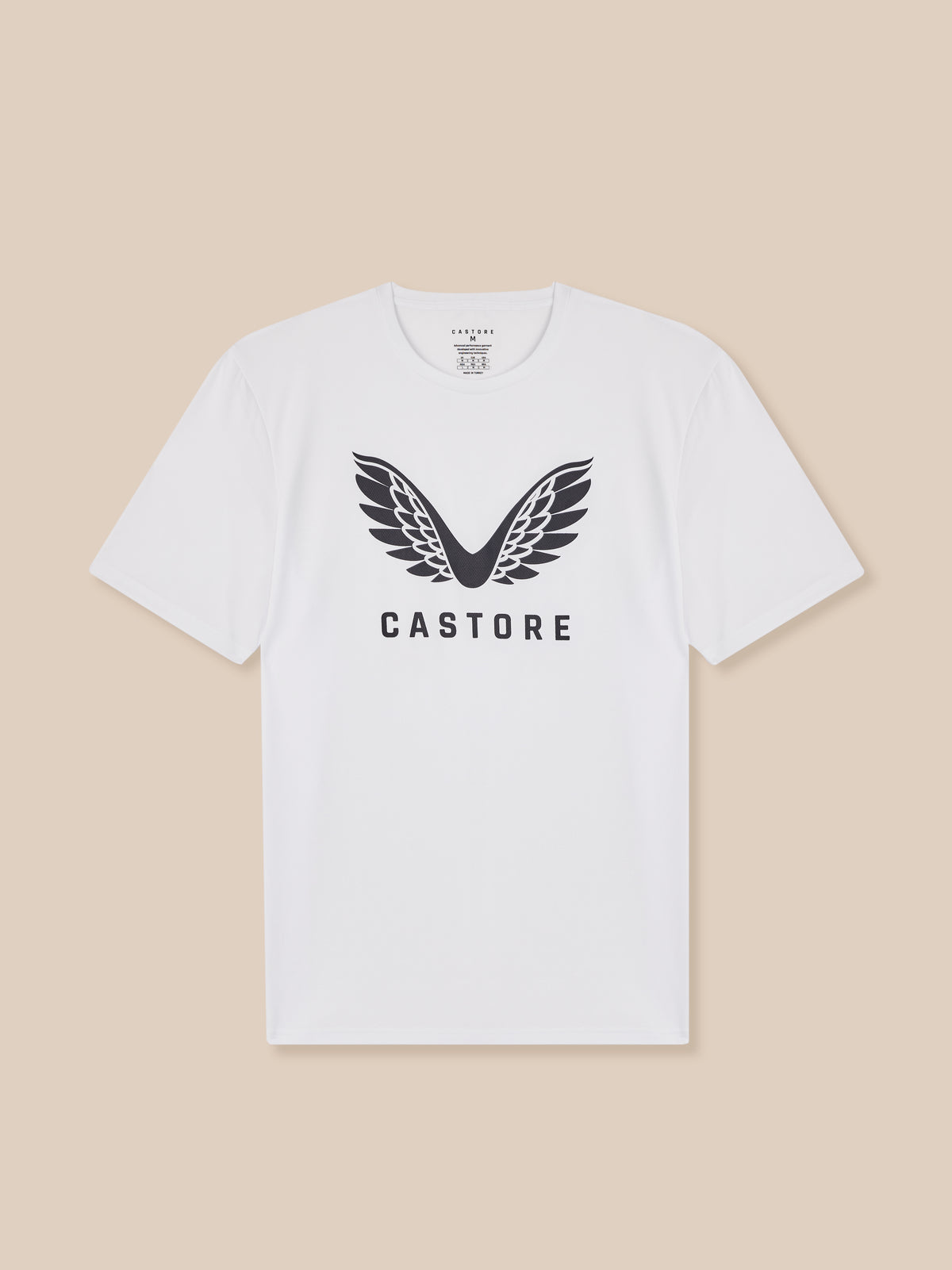 White t-shirt with black logo and text on a beige background