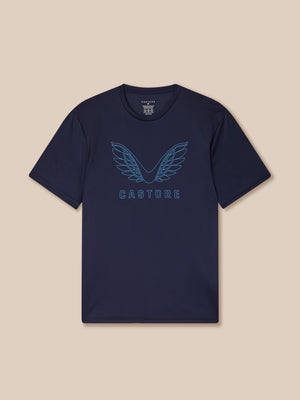 Navy t-shirt with 'Castore' logo on a beige background