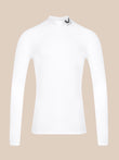 A white long-sleeve mock neck athletic top with a small black logo on the collar, displayed on a solid beige background.