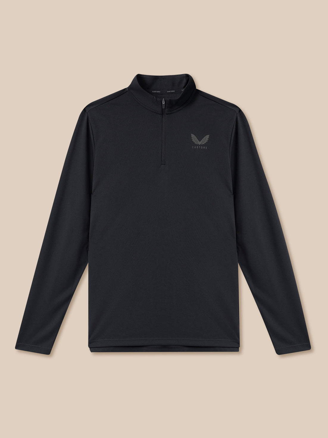 Black long-sleeve shirt with a logo on a beige background