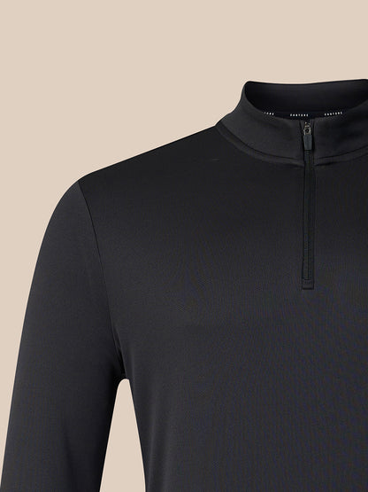 A close-up of a black long-sleeve quarter-zip pullover sweater on a mannequin, showing the collar and zipper against a solid beige background.