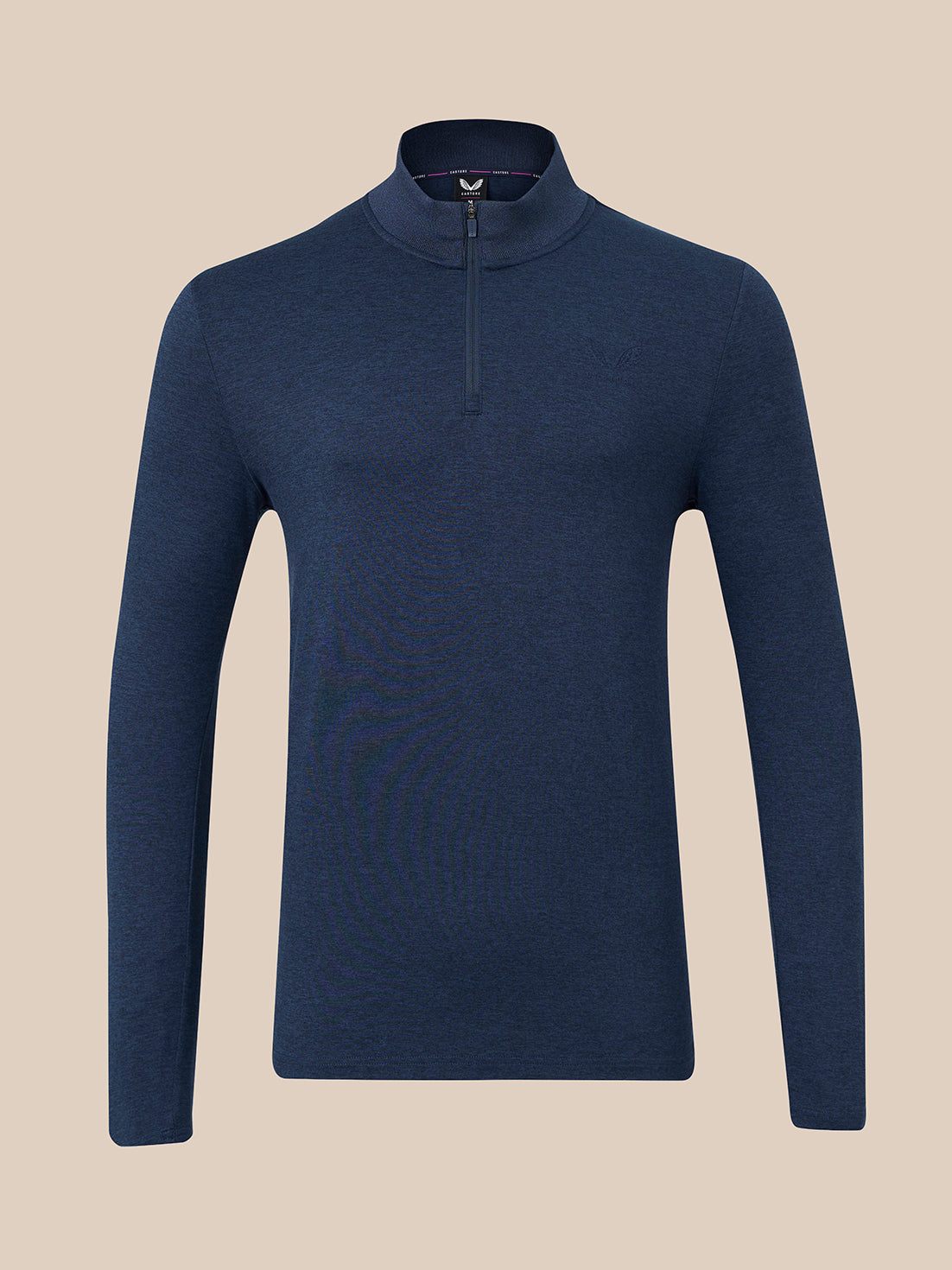 Navy marl knit quarter zip top with stand collar and slim silhouette front view
