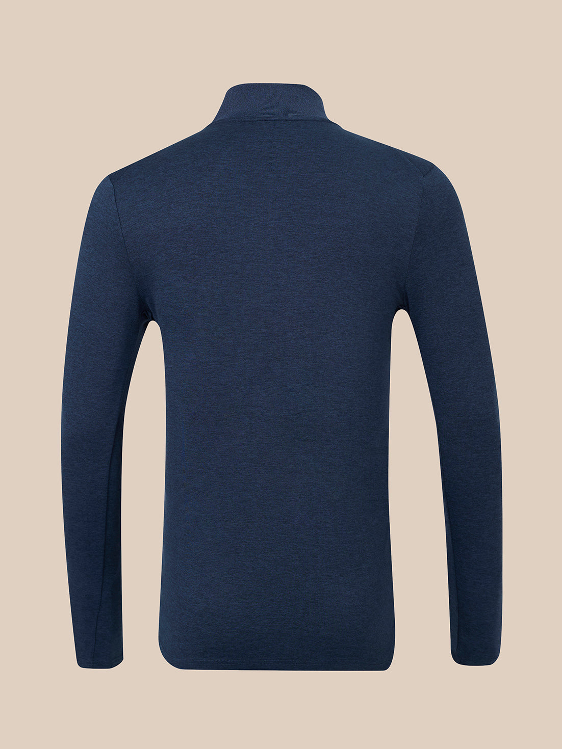 Back view of navy men's elevated lifestyle slim fit quarter zip top with ribbed stand collar and curved side back seams