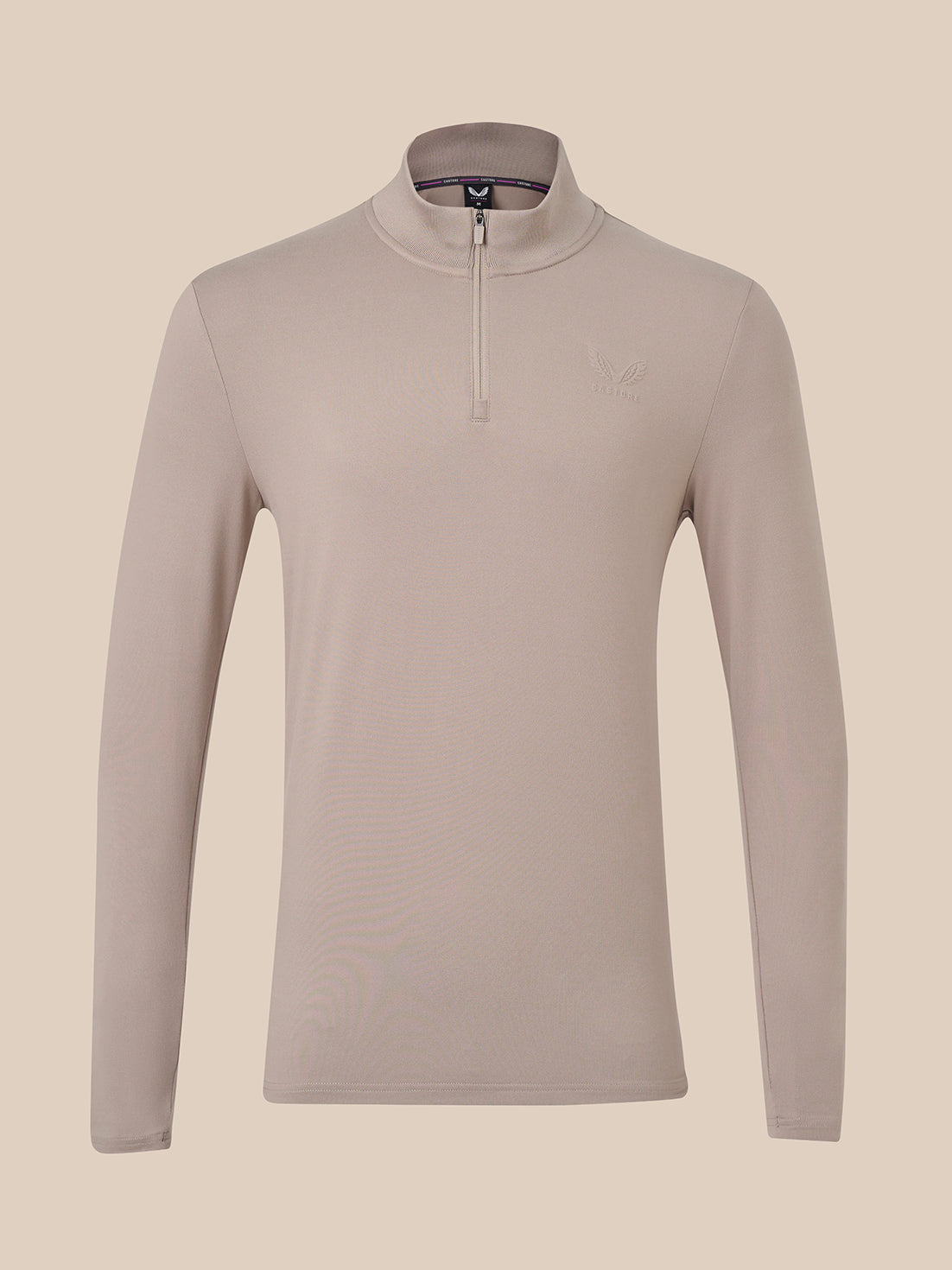Taupe men's slim fit quarter zip top with ribbed stand up collar and front zip, pocket free.