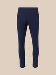 Back view of navy elevated lifestyle slim fit trousers with partially elasticated waistband and pink zip pull on rear pocket