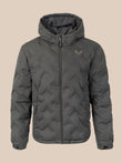 A black hooded puffer jacket with a full-zip front and a small gray wing logo on the left chest, displayed against a solid beige background.