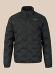 A black quilted zip-up jacket with a stand-up collar and a subtle gray wing logo on the left chest, displayed against a solid beige background.