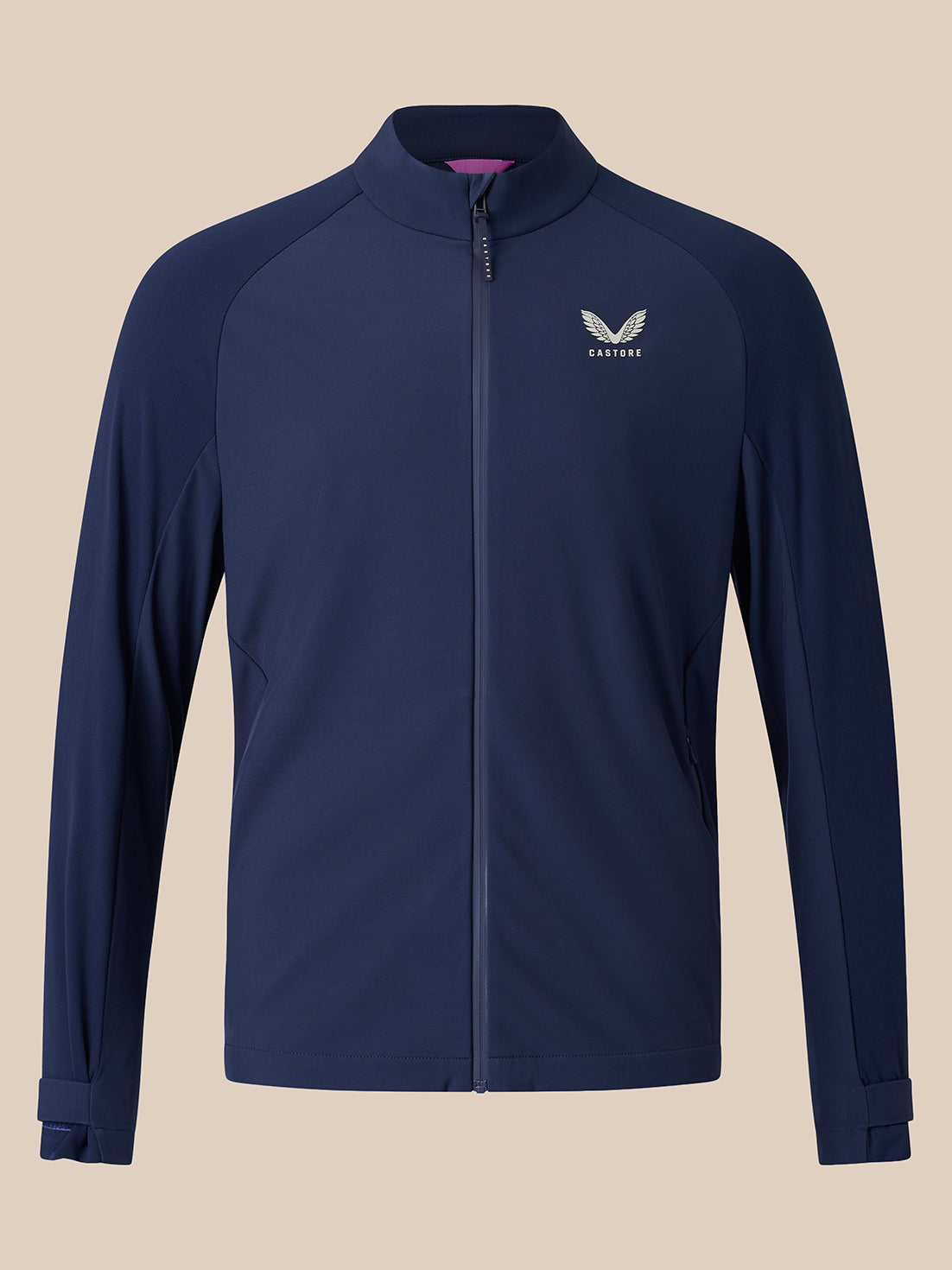 Front view of navy Golf LVS Jacket with stand collar, full zip and purple inner neck tape