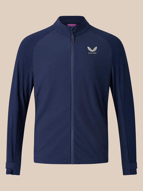 Front view of navy Golf LVS Jacket with stand collar, full zip and purple inner neck tape