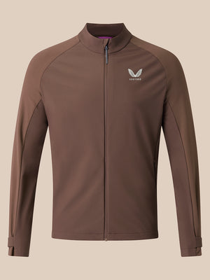 Brown LVS athletic fit golf jacket with full zip and stand collar, Castore logo on left chest.
